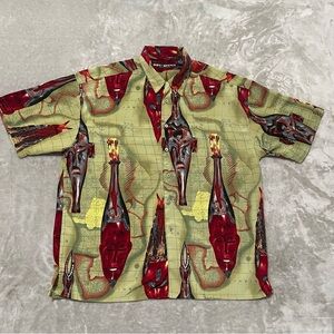 Box Office Island Map Tribal Mask Print Short Sleeve Button Down Shirt XL